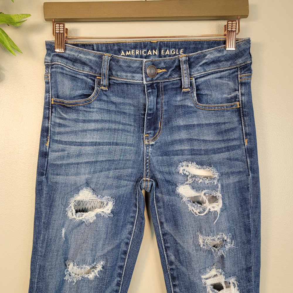 American Eagle Jeans Jeggings Skinny Distressed Mid Rise Medium Blue Wash AE 4 - Picture 5 of 12